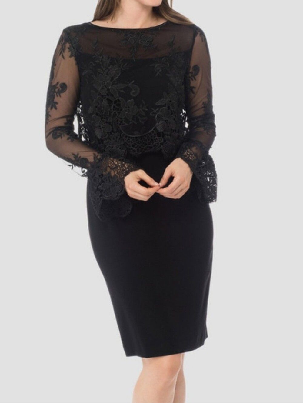 Joseph Ribkoff black mesh sleeves knee length cocktail dress size 6